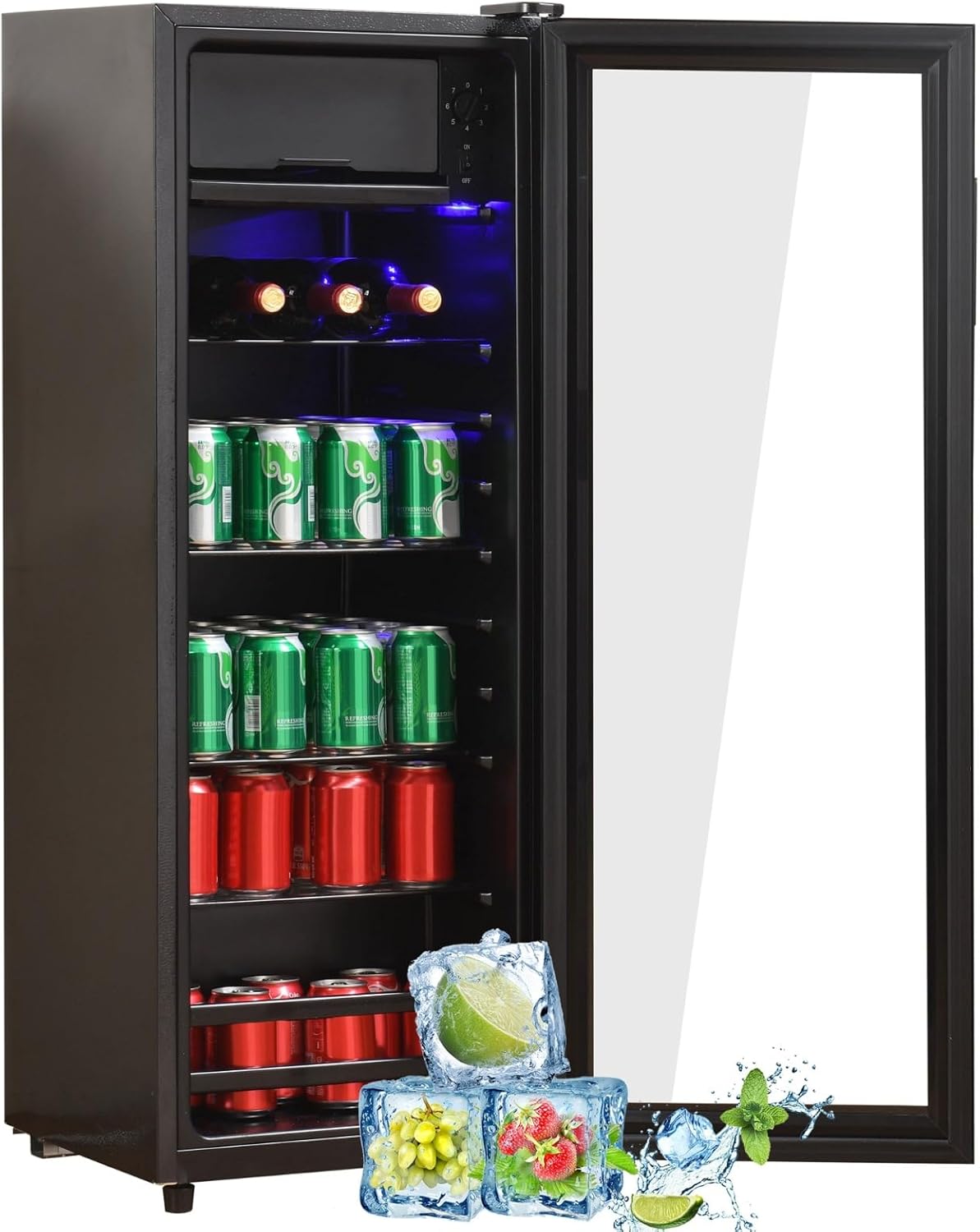 4.5 Cu.Ft Beverage Refrigerator - Mini Fridge with Freezer, Holds 160 Cans, Glass Door, Drink/Wine/Beer Cooler for Office, Bar, Bedroom