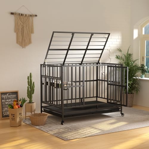 LOVMOR 48" Heavy-Duty Dog Crate with Wheels, Air-Lift Top, Dual 360° Adjustable Bowls – Ideal for Large Dogs