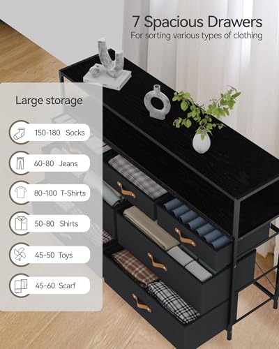 TV Stand Dresser for Bedroom with Charging Station & RGB LED Lights, 47.2" W Black Dresser with 7 Drawers for 55" TV, Chest Dresser for Bedroom