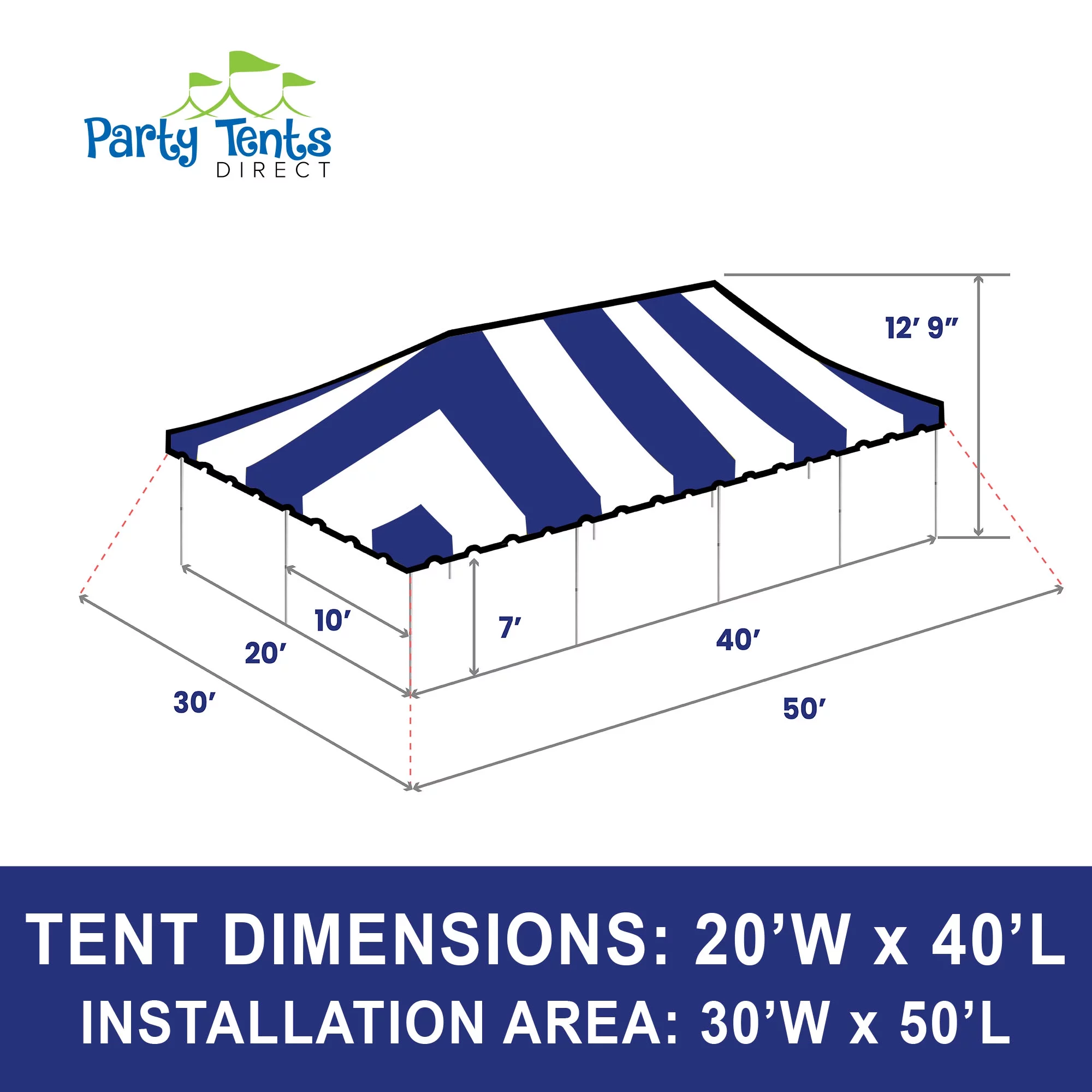 Party Tents Direct Weekender Outdoor Canopy Pole Tent, Blue, 20 ft x 40 ft