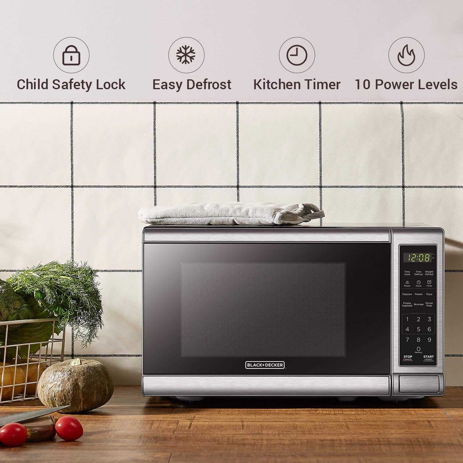 Black+Decker EM720CB7 Digital Microwave Oven with Turntable Push-Button Door, Child Safety Lock, 700W, Stainless Steel, 0.7 Cu.ft