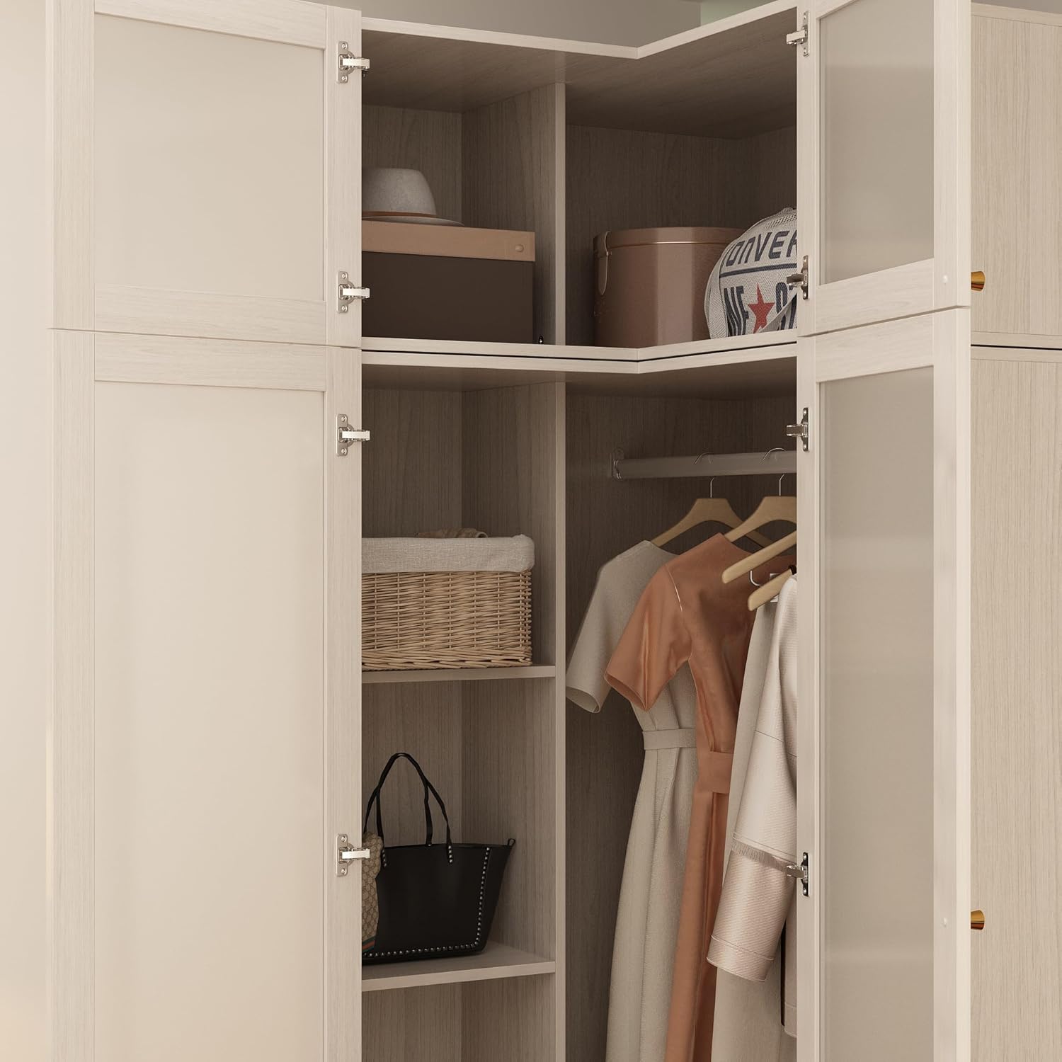 Homsee L-Shape Armoire Wardrobe Closet with Frosted Glass Doors, Hanging Bar & Shelves, Wooden Closet Storage Cabinet with Top Cabinet for Bedroom