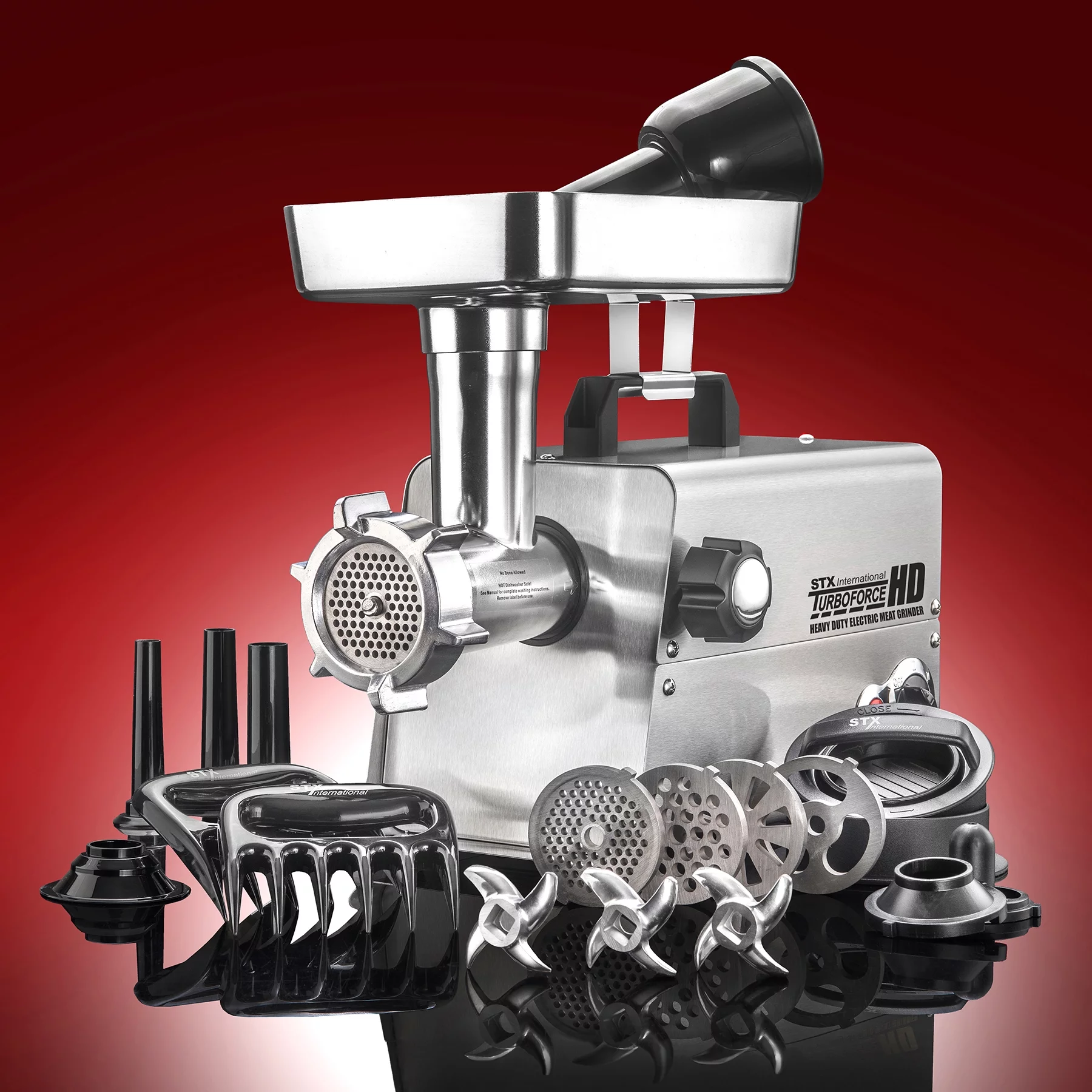 STX International Turboforce 3500-TFHD Heavy Duty Electric Meat Grinder with 4 Grinding Plates • 3 S/S Blades • Sausage Stuffer • Kubbe • 3 Lb. High