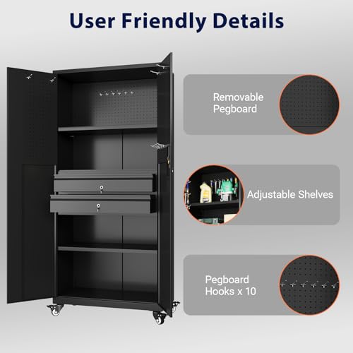 71" Metal Garage Storage Cabinet with Drawers and Wheels Rolling Tool Chest Cabinet with Pegboards