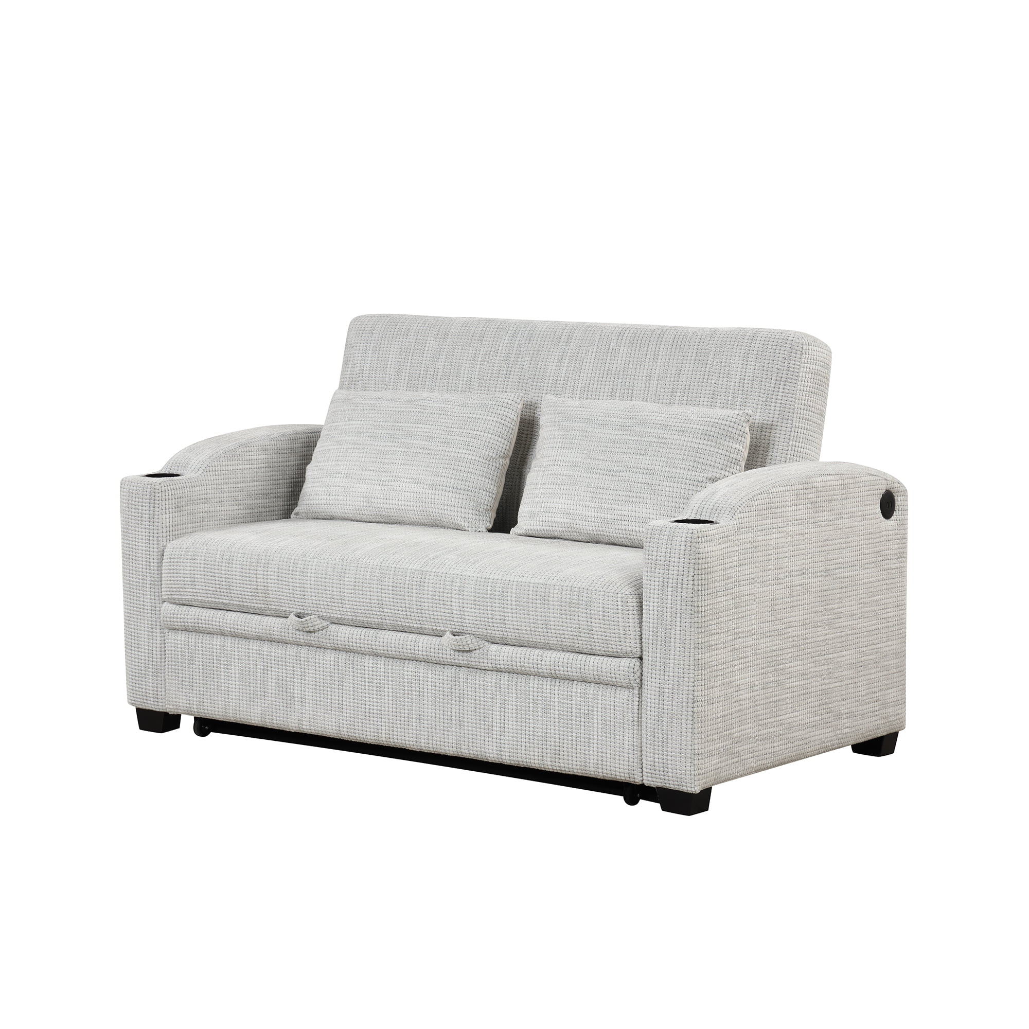 65" Pull Out Sofa Bed Modern Chenille Convertible Loveseat Sofa with Adjsutable Backrest, 2 Pillows, Cup Holders, USB Ports for Living Room