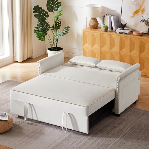 68.11" Corduroy Sleeper Chair Bed with USB Port, Cup Holders & Side Storage Pockets – 3-in-1 Foldable Sofa Bed for Guest Room, Living Room – White