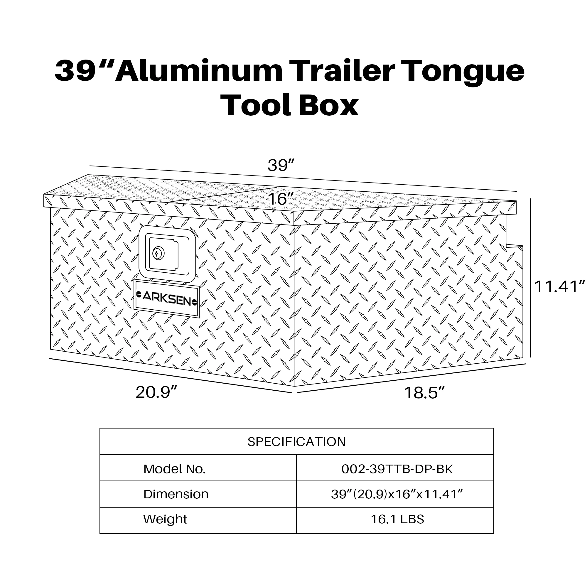 ARKSEN 39 Diamond Plate Aluminum Trailer Tongue Box Pickup Truck Tool Box Storage Organizer With Lock Key, Silver