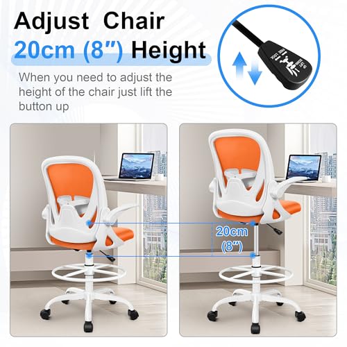Primy Drafting Chair Tall Office Chair with Flip-up Armrests Executive Ergonomic Computer Standing Desk Chair with Lumbar Support and Adjustable