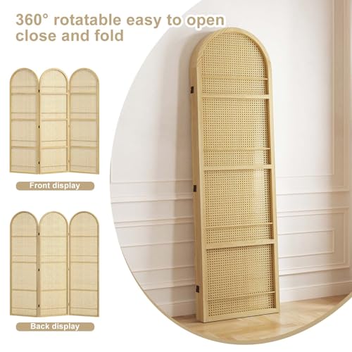 Room Divider and Folding Privacy Screens, Pine Wood 5.6 Ft Double Hinged Rattan Partition Freestanding Wall Room Divider for Home - 3 Panels