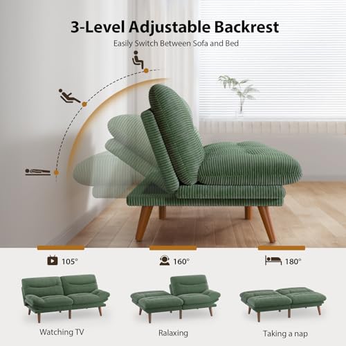 Pipishell Convertible Futon Sofa Bed,66" Corduroy Futon Couch with Adjustable Backrest and Armrests, Recliner Sleeper Sofa for Small Spaces