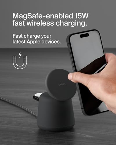 Belkin 2-in-1 MagSafe Wireless Charging Dock 15W Fast Charge iPhone Charger Compatible with iPhone 16, 15, 14, and 13 Series, AirPods