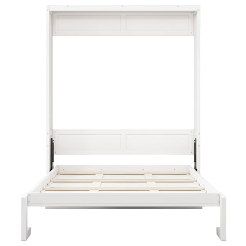 SOFTSEA Full Murphy Bed Wall Beds, Wood White Cabinet Bed 61.5” Foldable Platform Bed with Shelf for Guest Room