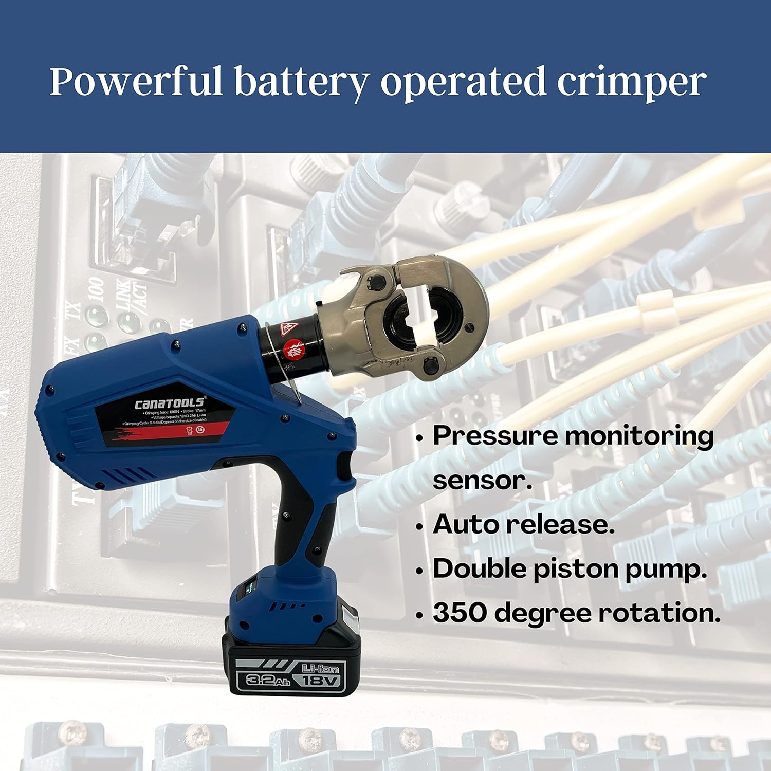Canatools Battery Powered 6-Ton Crimper Cordless Hydraulic Crimping Tool Powerful Cable Crimper pressure sensor 350 degree head rotation 11 Pairs of