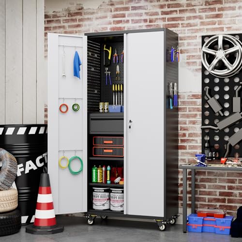 Aobabo 71" H×32" W×16" D Metal Storage Cabinet with Wheels, Garage Steel Storage Cabinet with 5 Adjustable Shelves and 4 Hooks for Home Office
