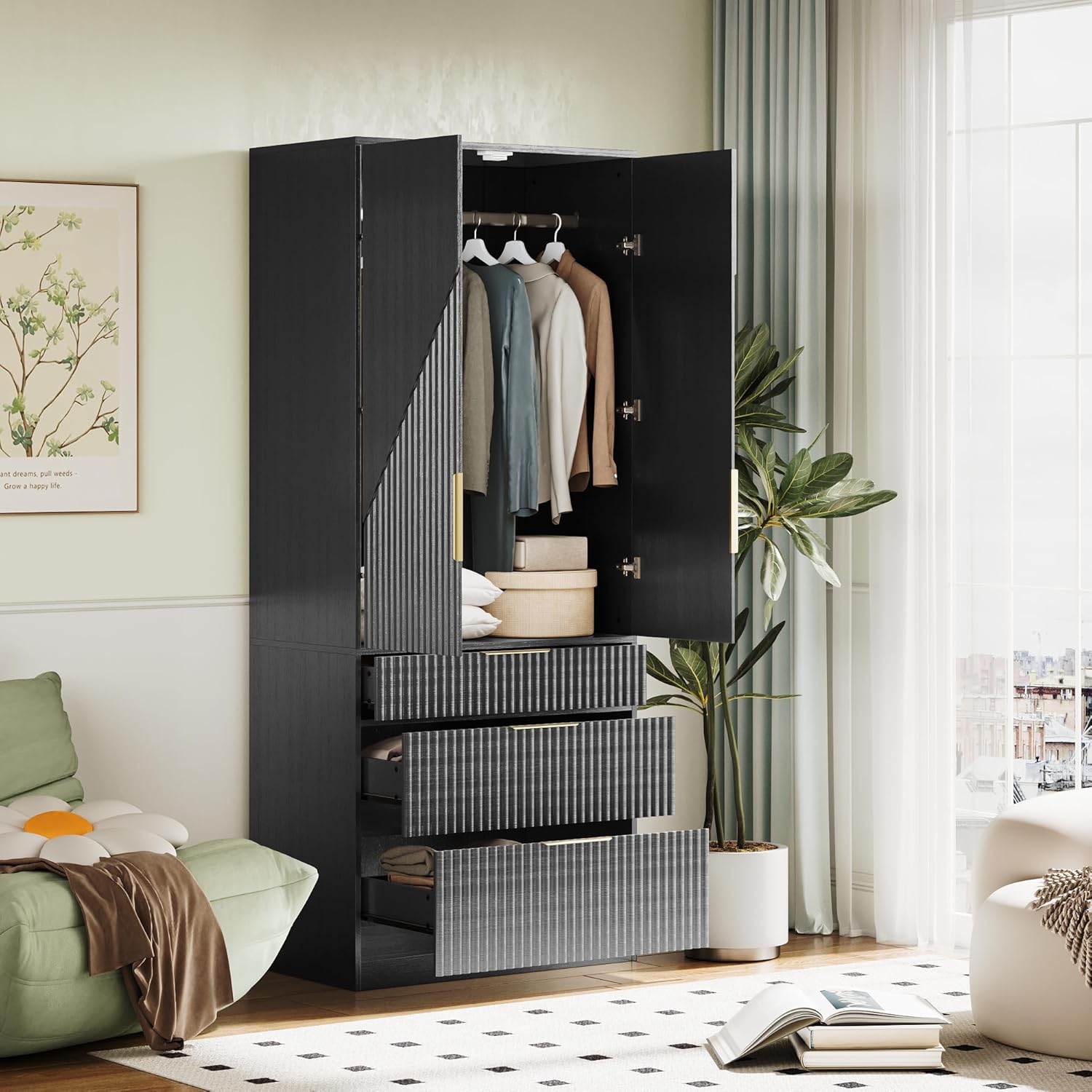 71.7 " Wardrobe Armoire Wooden Closet with 2 Doors and 3 Drawer, Bedroom Armoire with Hanging Rod Shelf, Large Capacity Storage Wardrobe Armoire