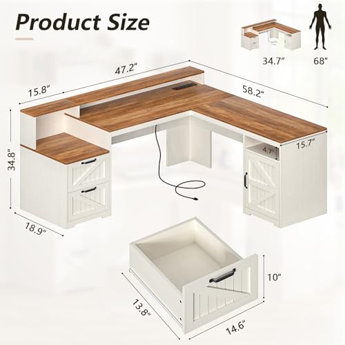 63" Farmhouse L Shaped Executive Desk with Drawers & Storage Shelf, Corner Computer Desk with Power Outlets, L Shaped Office Desk with Monitor Stand