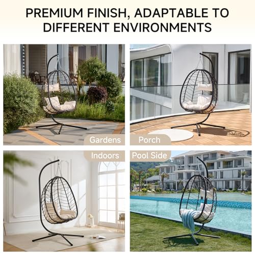 Outdoor Hanging Egg Chair, Patio Wicker Swing Chair with Stand and Cushion, Wider Basket Seating