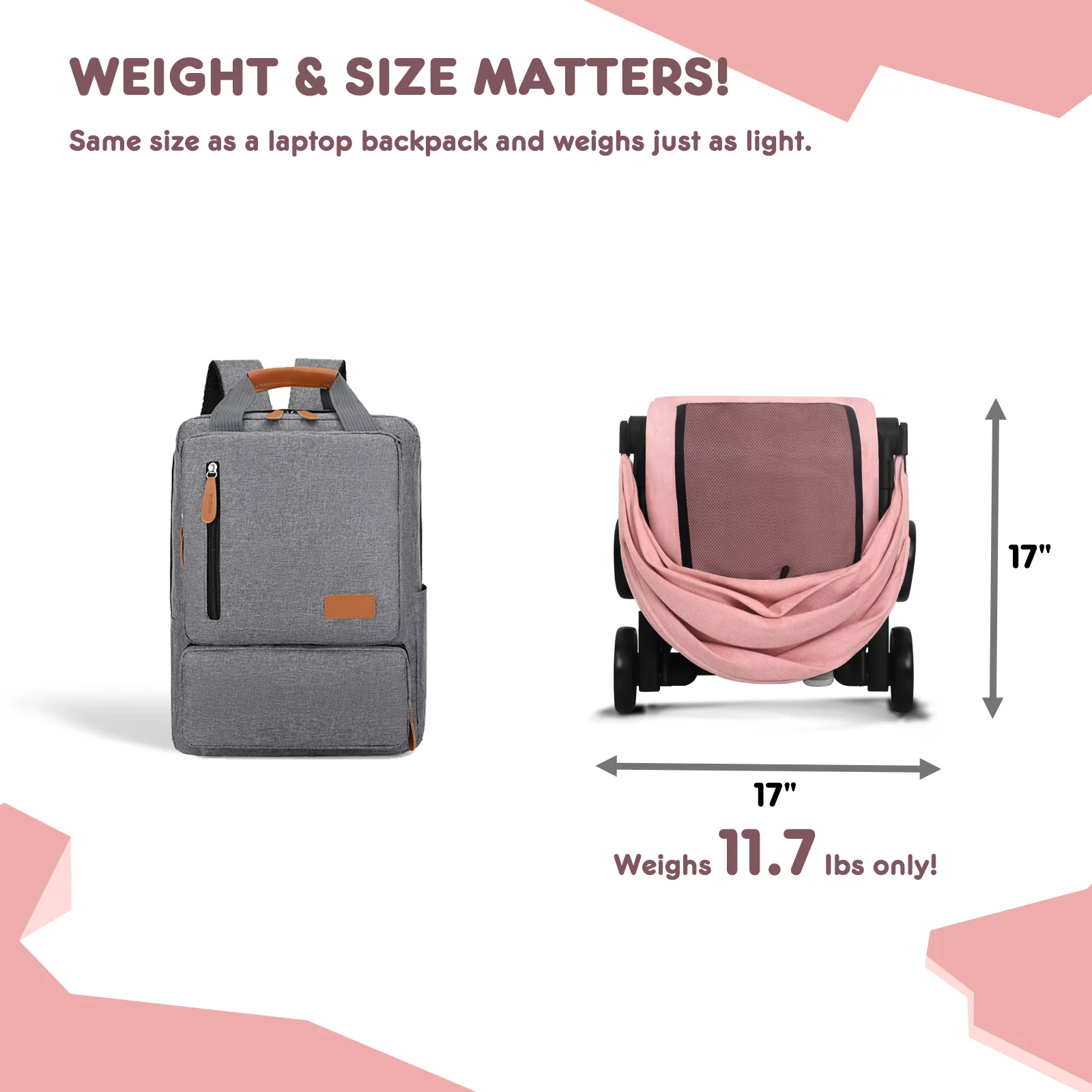 HARPPA Lightweight Travel Stroller, Compact Umbrella Stroller for Babies, Easy Folding, Pink
