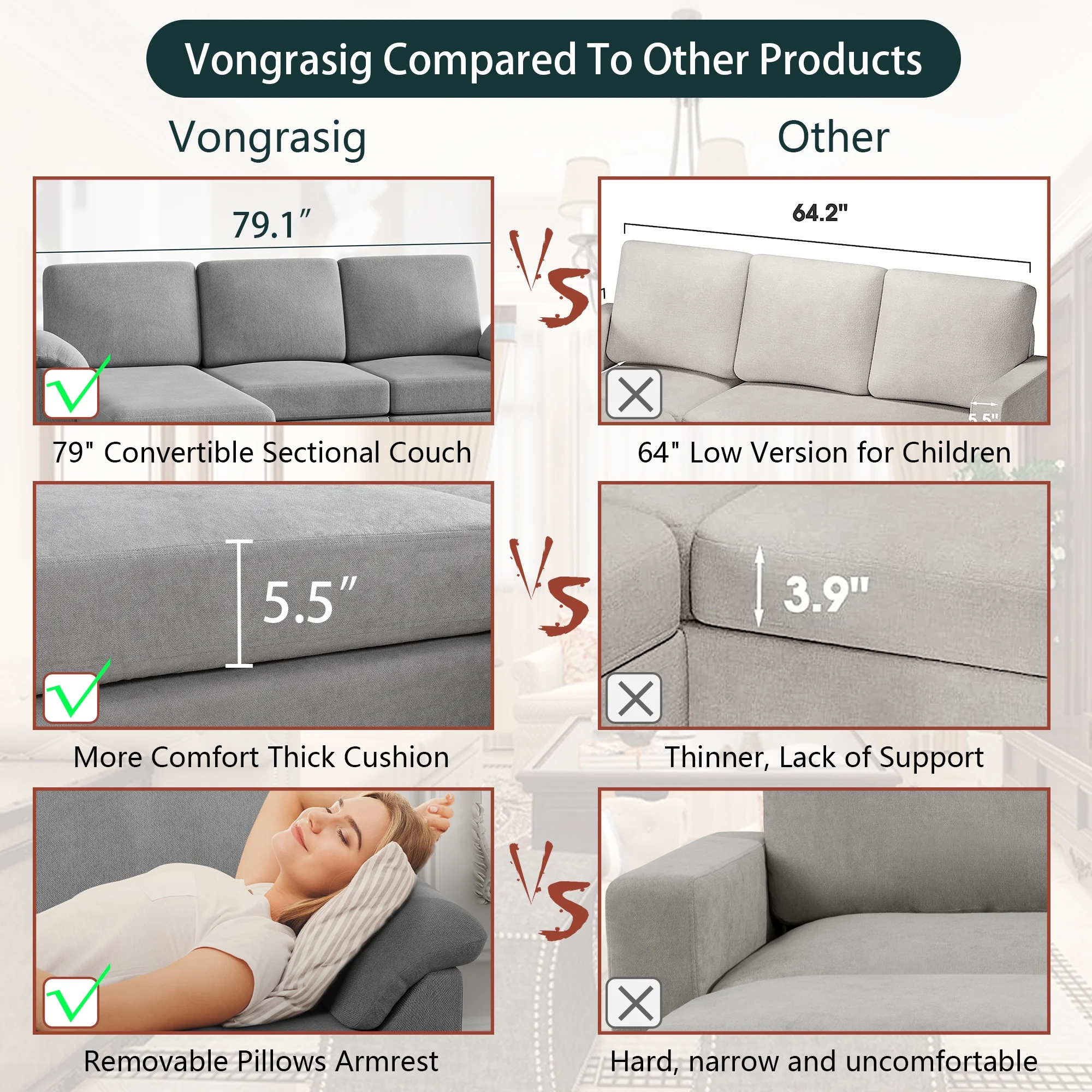 Walsunny 79 Convertible Sectional Sofa Couch,Linen Fabric L Shaped Sofa with Removable Pillows Dark Gray