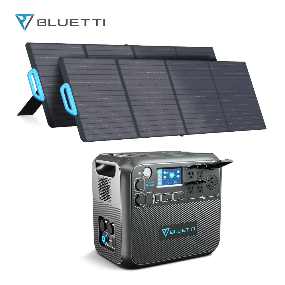 Bluetti Portable Power Station AC200MAX, With 2pcs 200W Solar Panels, 2048Wh Capacity Solar Generator, 2200W AC Output for Home Use, Road Trip