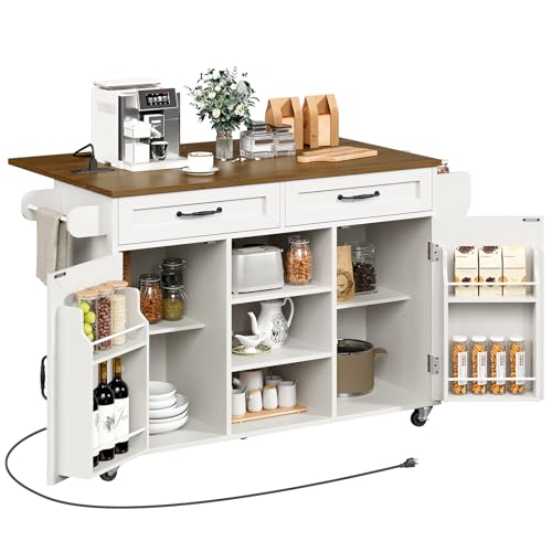 Kitchen Island with Power Outlets & Drop Leaf, Kitchen Cart with Storage, Drawer and Spice Rack, Tower Rack, Island Table, White and Walnut