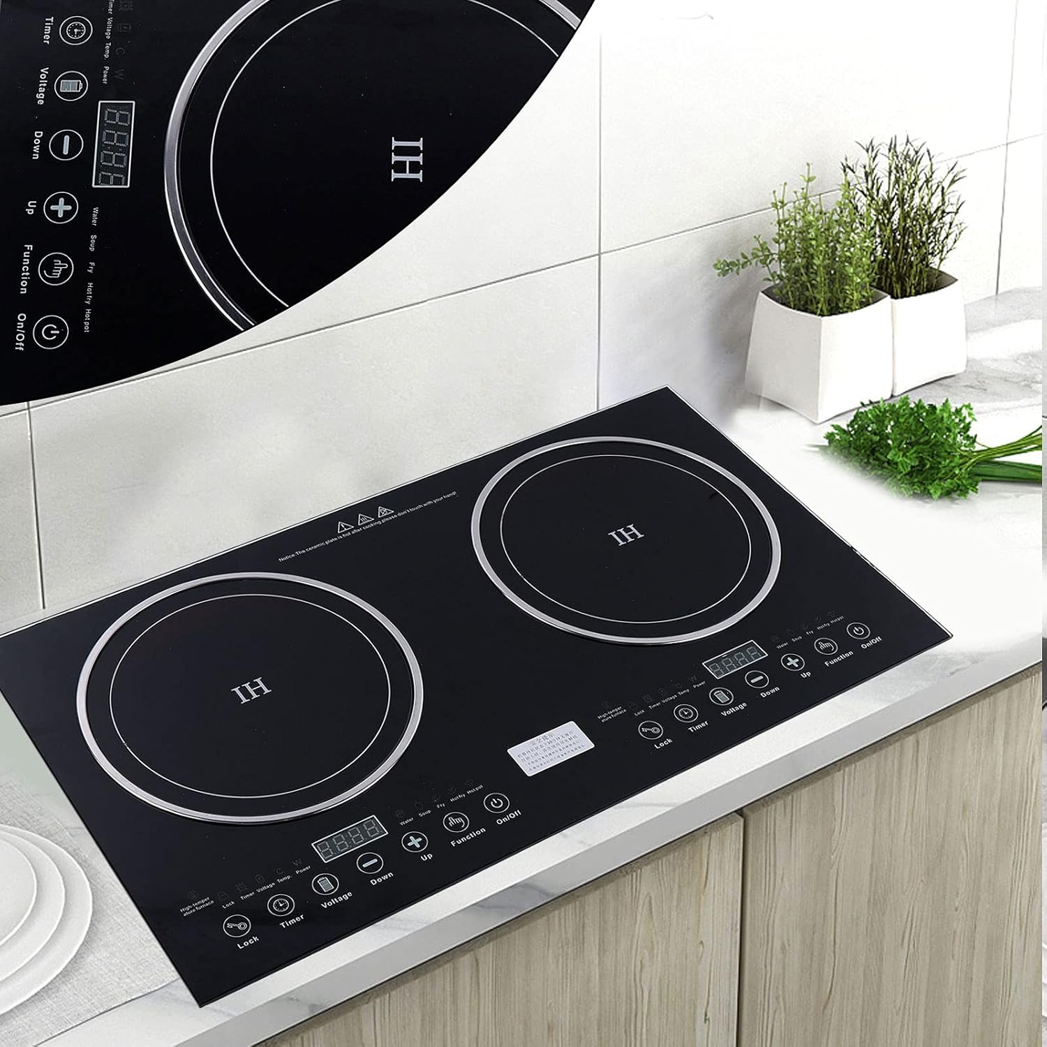 Electric Induction Ceramic Cooker,Countertop 2 Burner Cooktop Portable Cooker,2 Burners Induction Cooktop Electric Hob Cook for Camping