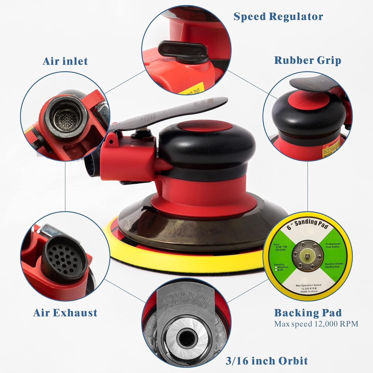 6-inch Air Random Orbital Sander by UPWOOD, Heavy Duty Palm Air Powered Sander Pneumatic Sander with 10pcs Sandpapers