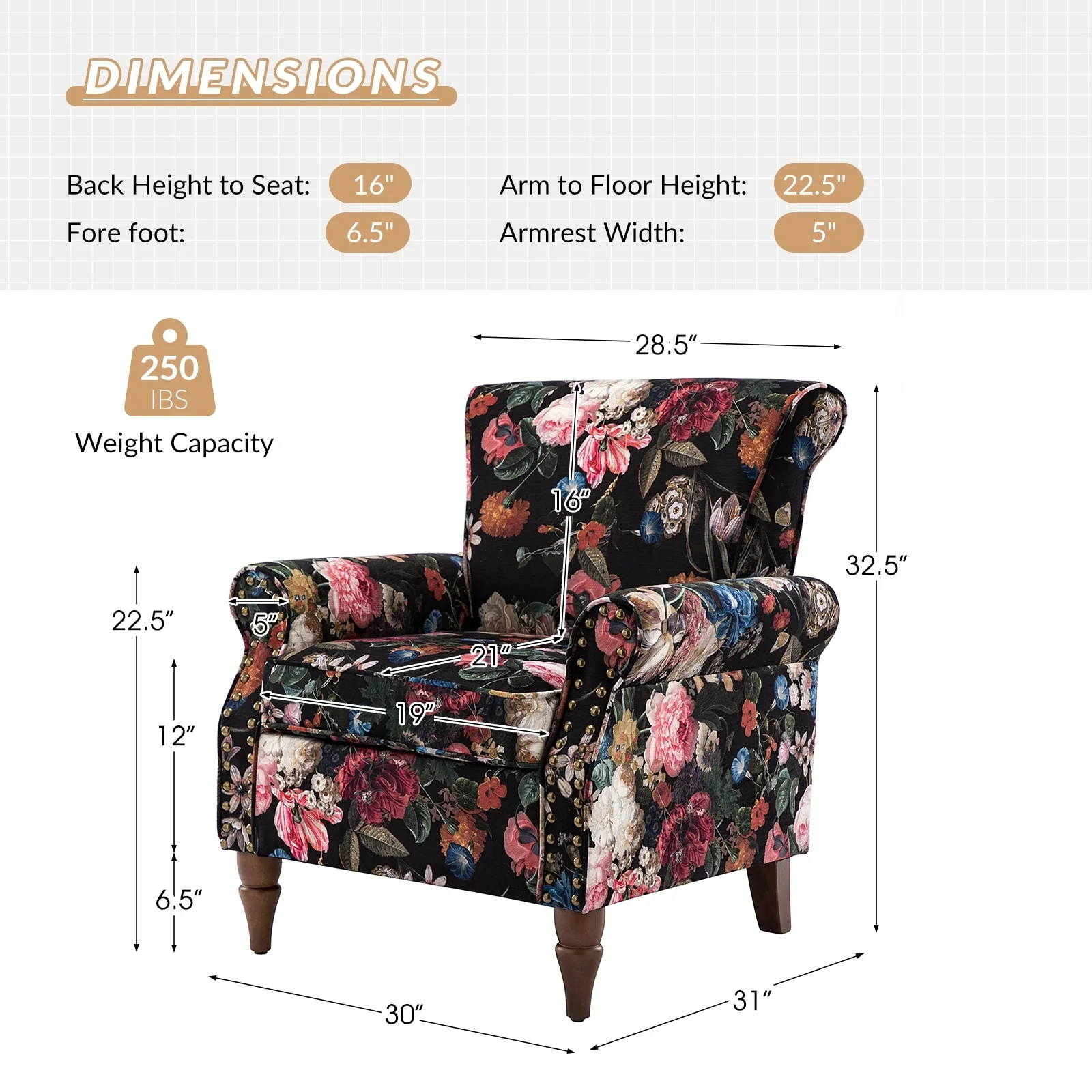 HULALA HOME Avelina Nailhead Trim Comfy Accent Armchair with Rolled Arms BLACK Floral
