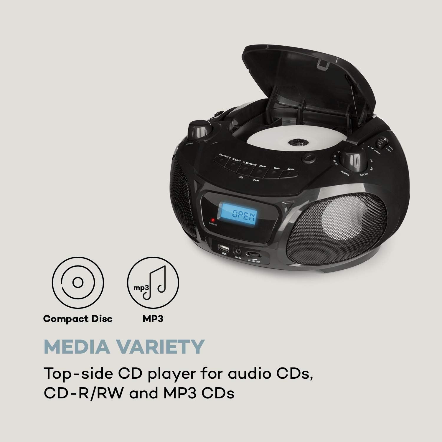 AUNA Roadie Sing - CD Radio, Portable Karaoke, Stereo System, Boombox, CD Player, USB Port, MP3, FM Radio Tuner, Bluetooth 3.0, LED Lighting