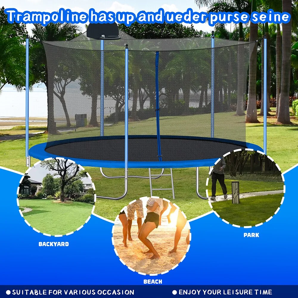 Highsound 12 FT Trampoline for Adults/Kids with Safety Enclosure Net, Basketball Hoop and Ladder