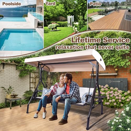 3 Person Patio Swing Outdoor Swing for Adults with Adjustable Canopy &Upgraded Cup Holders Textilene Fabric Porch Swing Chair with Stand Heavy Duty