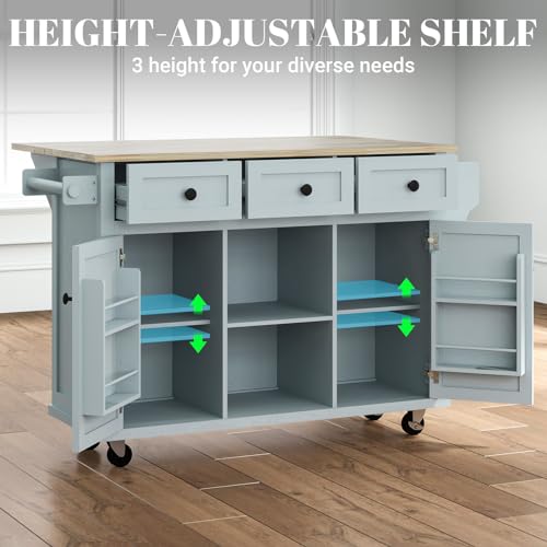 Rovibek Kitchen Island with Drawers 53 in Rolling Island Cart Mobile Solid Wood Portable Islands on Wheels with Storage Cabinet & Drawers, White