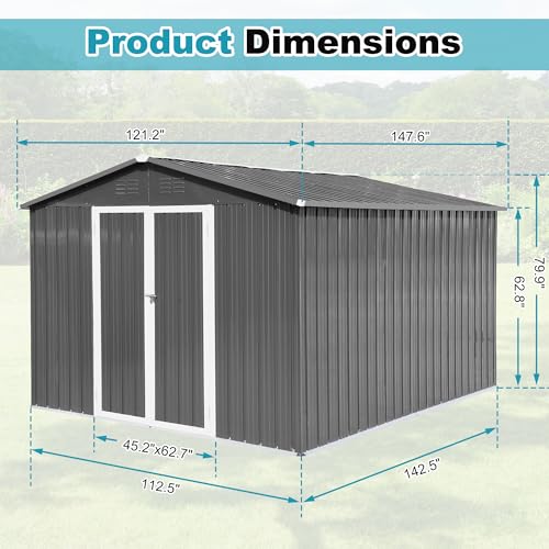 8x6 FT Outdoor Storage Shed, Metal Tool Shed with Lockable Doors, Peaked Roof & Frame Floor
