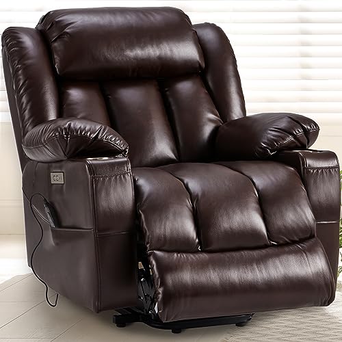 Large Power Lift Recliner Chair Genuine Leather for Elderly with Massage and Heating Function, Lazy Boy Convertible Chair with Cup Holders, USB Ports