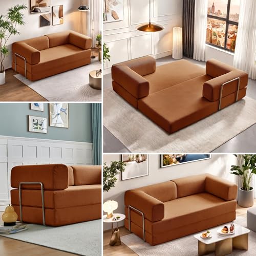 Convertible Floor Sofa Bed, Foldable Mattress Cloud Couch with Pillow Back & Armrest, Chenille Sleeper Sofa Bed with Fixed-Shape Frame