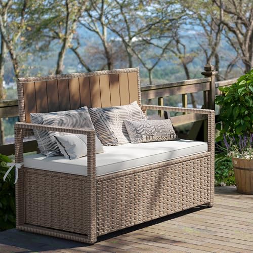 YITAHOME 90 Gallon Outdoor Wicker Storage Bench w/Cushion, Large PE Rattan Deck Storage Box w/Handles & Hydraulics for Patio Furniture, Cushions