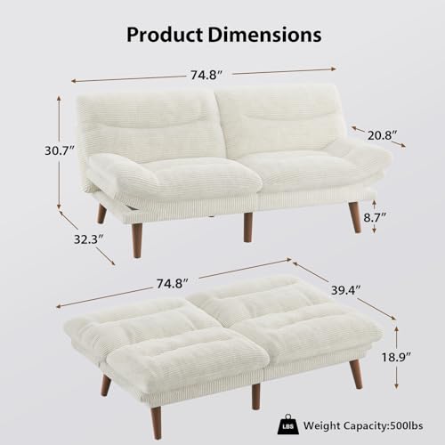 Pipishell Convertible Futon Sofa Bed,66" Corduroy Futon Couch with Adjustable Backrest and Armrests, Recliner Sleeper Sofa for Small Spaces