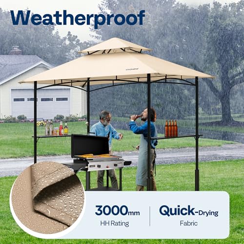 VIVOHOME 8&times;5 ft Grill Gazebo Outdoor BBQ Patio Canopy Tent with Double Tiered Vented Top & 2 Side Shelves, Beige
