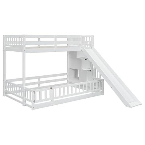 Full-Over-Full Castle Style Bunk Bed with 2 Drawers and 3 Shelves, Wood Bunk Bed Frame with Slide and Storage Staircase for Kids Teens Boys Girls