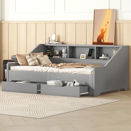 Merax Twin to King Daybed with Storage Bookcases and Two Drawers, Wood Bed Frame with Trundle and USB Charging Design for Bedroom, Guest Room
