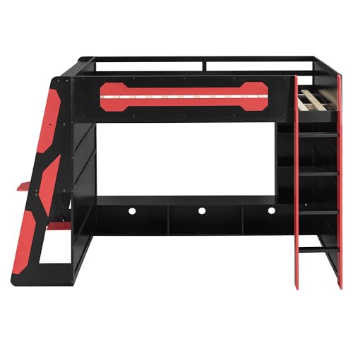 Gaming Bed with Desk,Wardrobe,Ample Storage Space,and RGB LED Light, Full Size Wood Loft Bed for Kids Bedroom (Cloud Blue/K)