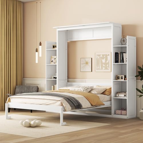 Queen Size Murphy Bed with Desk & Charging Station,Wall Bed Frame Folding into Cabinet Design w/LED & Storage Shelf for Small Space,Bedroom