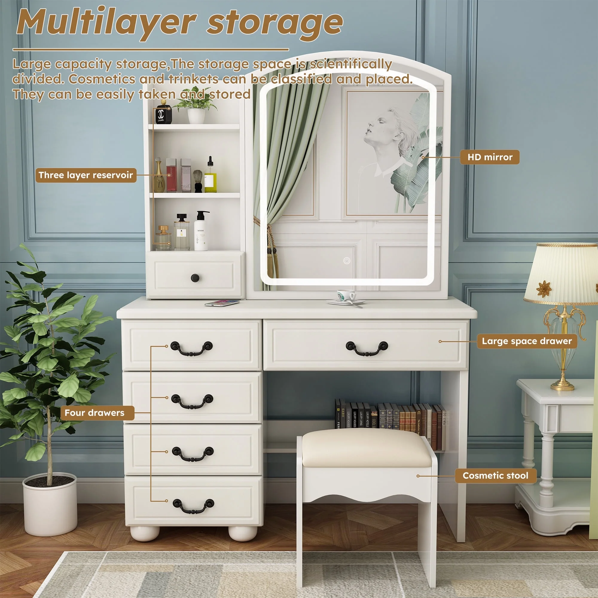 Leavader Vanity Desk with Mirror and Led Lights, Makeup Vanity Table Set with 3 Color Lighting Brightness Adjustable, 6 Drawers