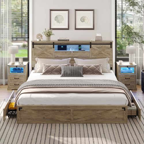 Hasuit Farmhouse Bed Frame California King Size with Storage Bookcase Headboard, Wooden Cal King Bed with LED Lights, Charging Station, 2 Drawers