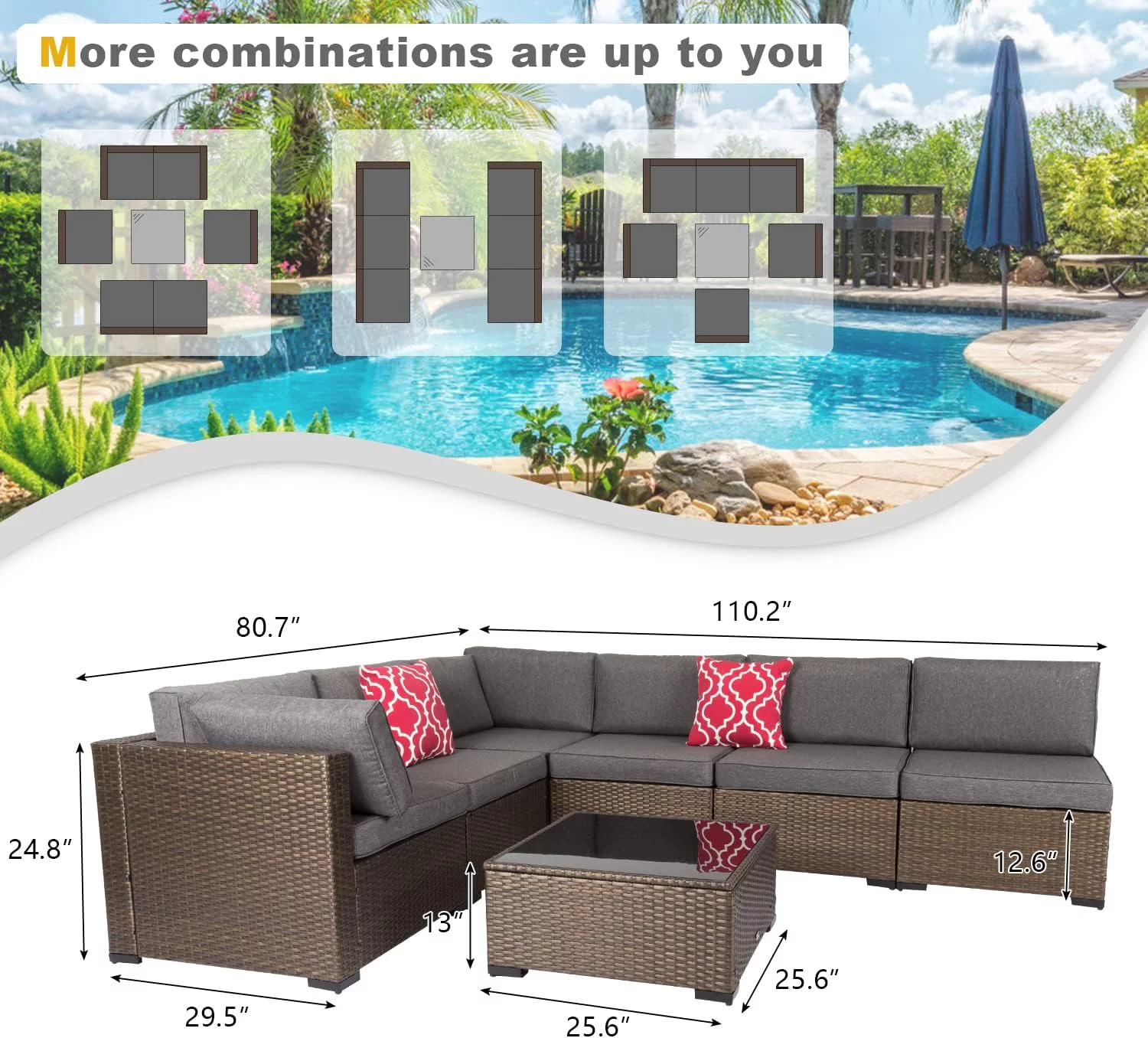 Kinbor 7pcs Outdoor Patio Furniture Set Wicker Sectional Sofa with Gray Cushions - Radiant Selections