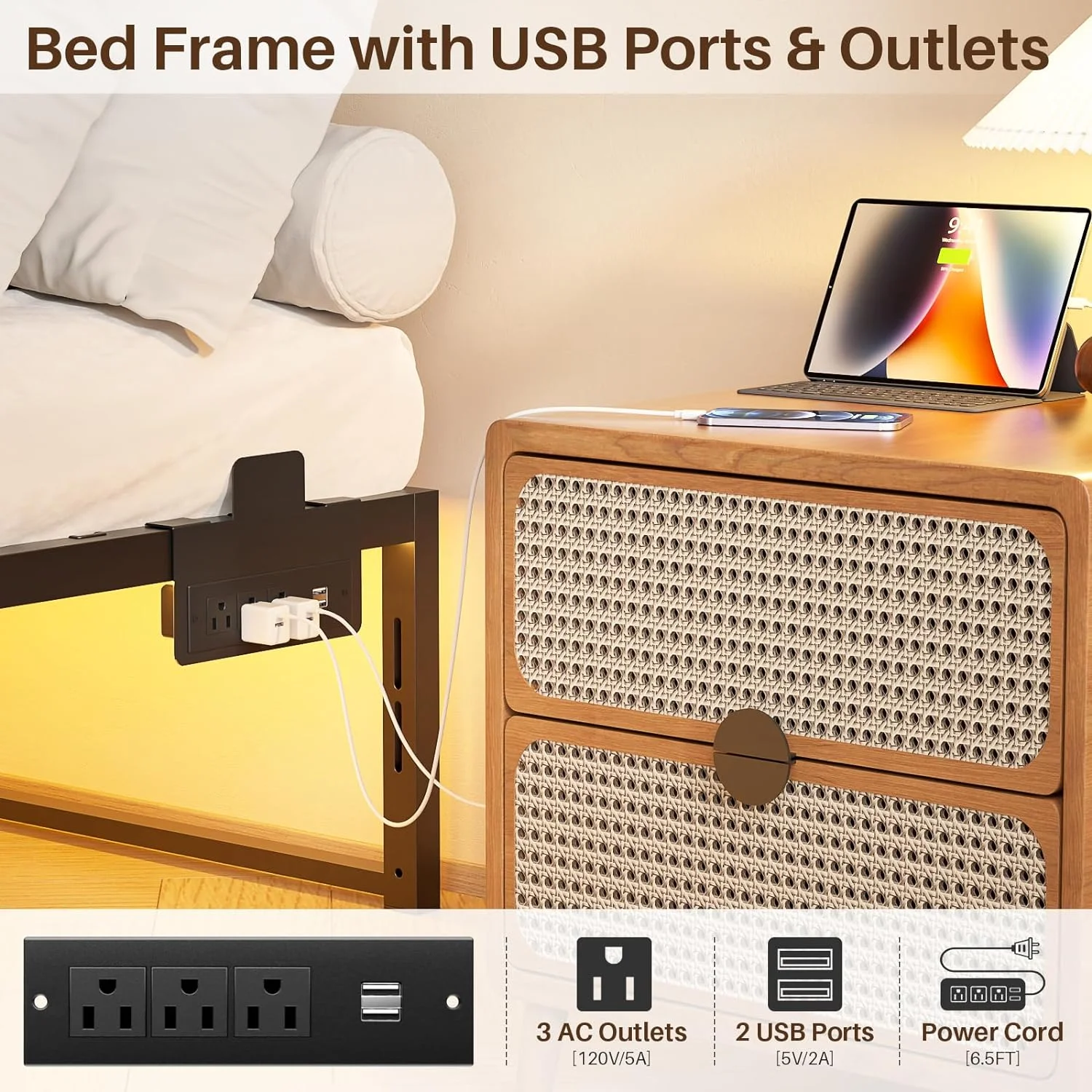 Homieasy Metal Bed Frame with Charging Station and LED Lights, 14 Inch Queen Size Platform Bed Frame with Non-Slip Mattress Gaskets
