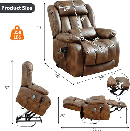 EDILLY Large Genuine Leather Power Lift Recliner Chairs for Elderly, Dual Motor with Massage and Heating,Double Lumbar Cushion and Extended Footrest