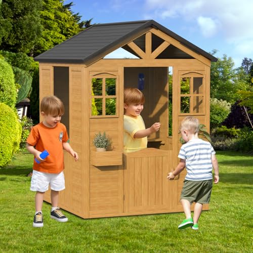 All Spruce Outdoor Kids Playhouse, Toddler Playhouse Wooden Playhouse for Kids Ages 3-10, with Sink, Stove, Flower Pot Holders, Phone