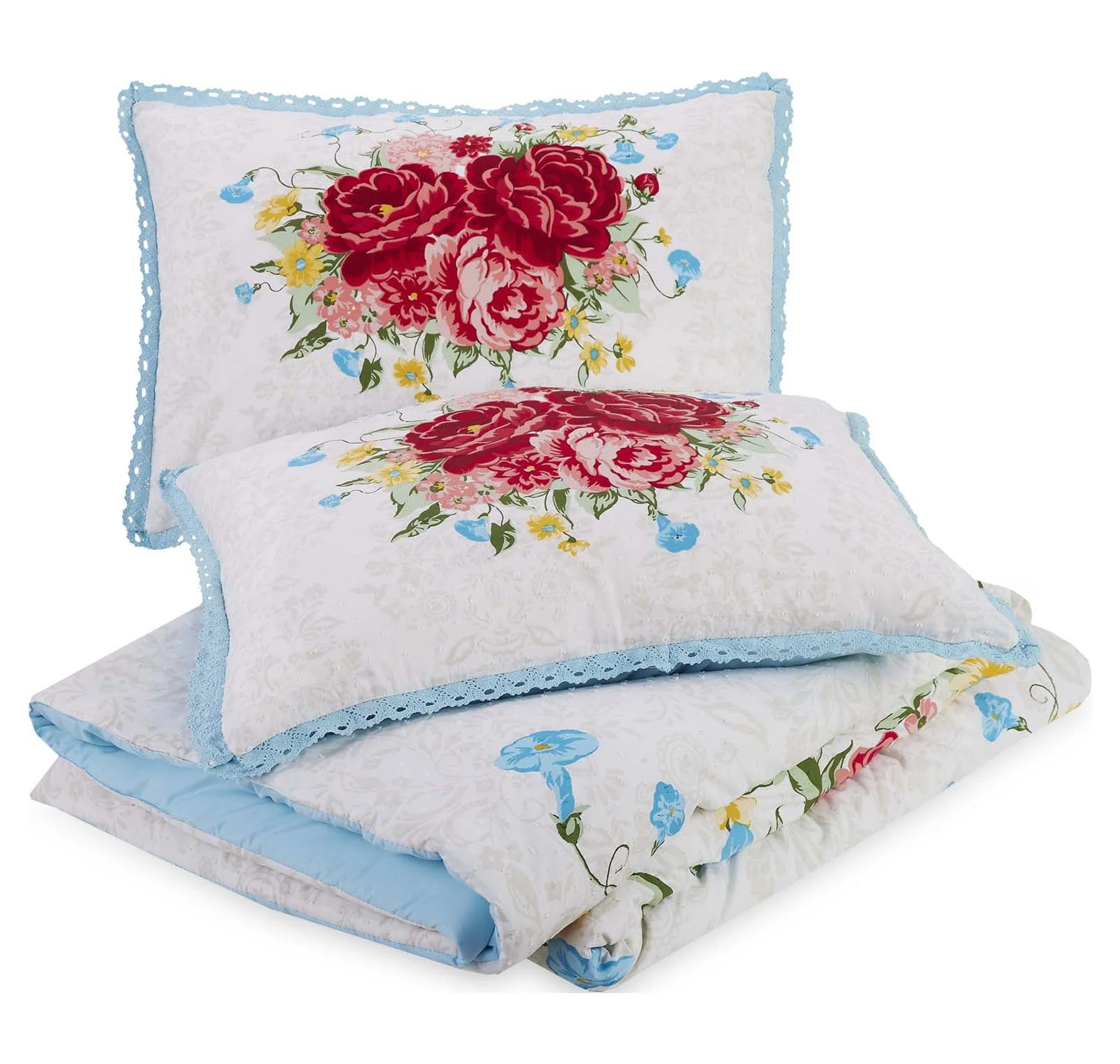 The Pioneer Woman Blue Cotton Sweet Rose 4-Piece Comforter Set, Full / Queen - Curated Treasures Market
