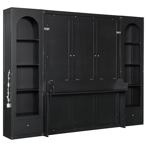 Merax Queen Size Murphy Bed, Wooden Queen Murphy Bed Wall Bed with Sofa and Cushion, for Home Office or Small Room, White